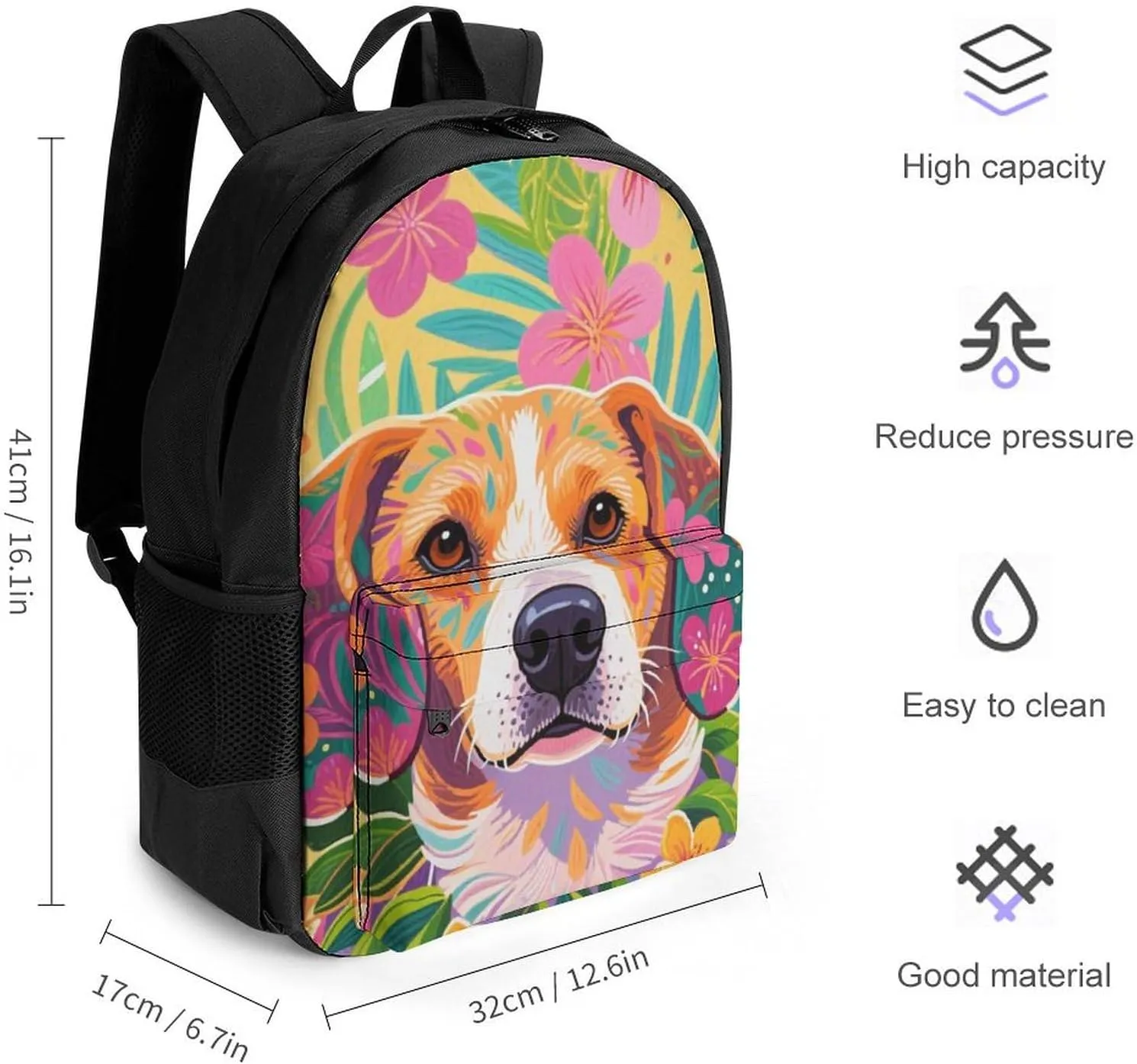 Polyester Daypack Bookbag for Gym Business Bicycle - Large Capacity Multipurpose Anti-Theft Carry On Bag, Hawaiian Flowers Floral Dog Art Travel Hiking Daypack