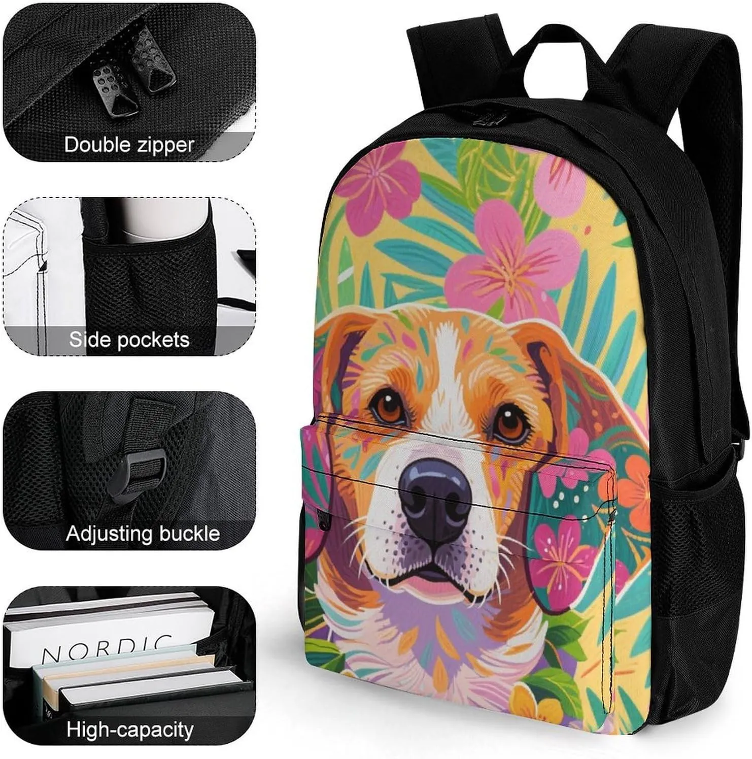 Polyester Daypack Bookbag for Gym Business Bicycle - Large Capacity Multipurpose Anti-Theft Carry On Bag, Hawaiian Flowers Floral Dog Art Travel Hiking Daypack