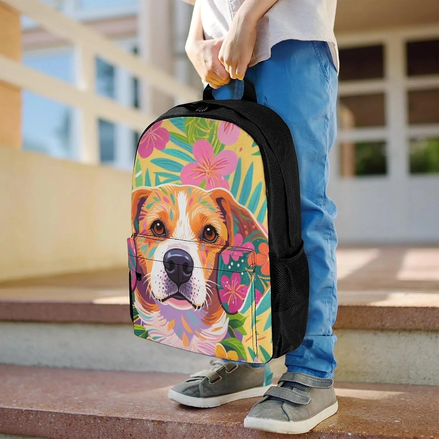 Polyester Daypack Bookbag for Gym Business Bicycle - Large Capacity Multipurpose Anti-Theft Carry On Bag, Hawaiian Flowers Floral Dog Art Travel Hiking Daypack