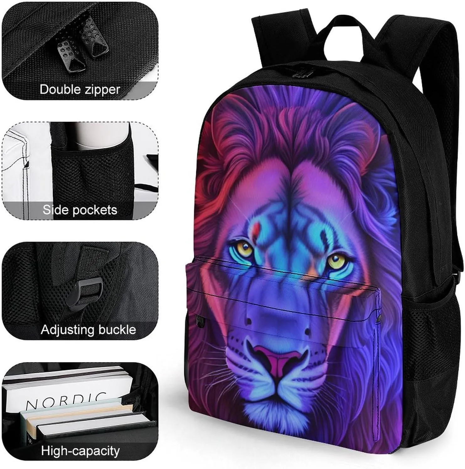 Polyester Daypack Bookbag for Gym Business Bicycle - Large Capacity Multipurpose Anti-Theft Carry On Bag, Psychedelic Lion Art Travel Hiking Daypack