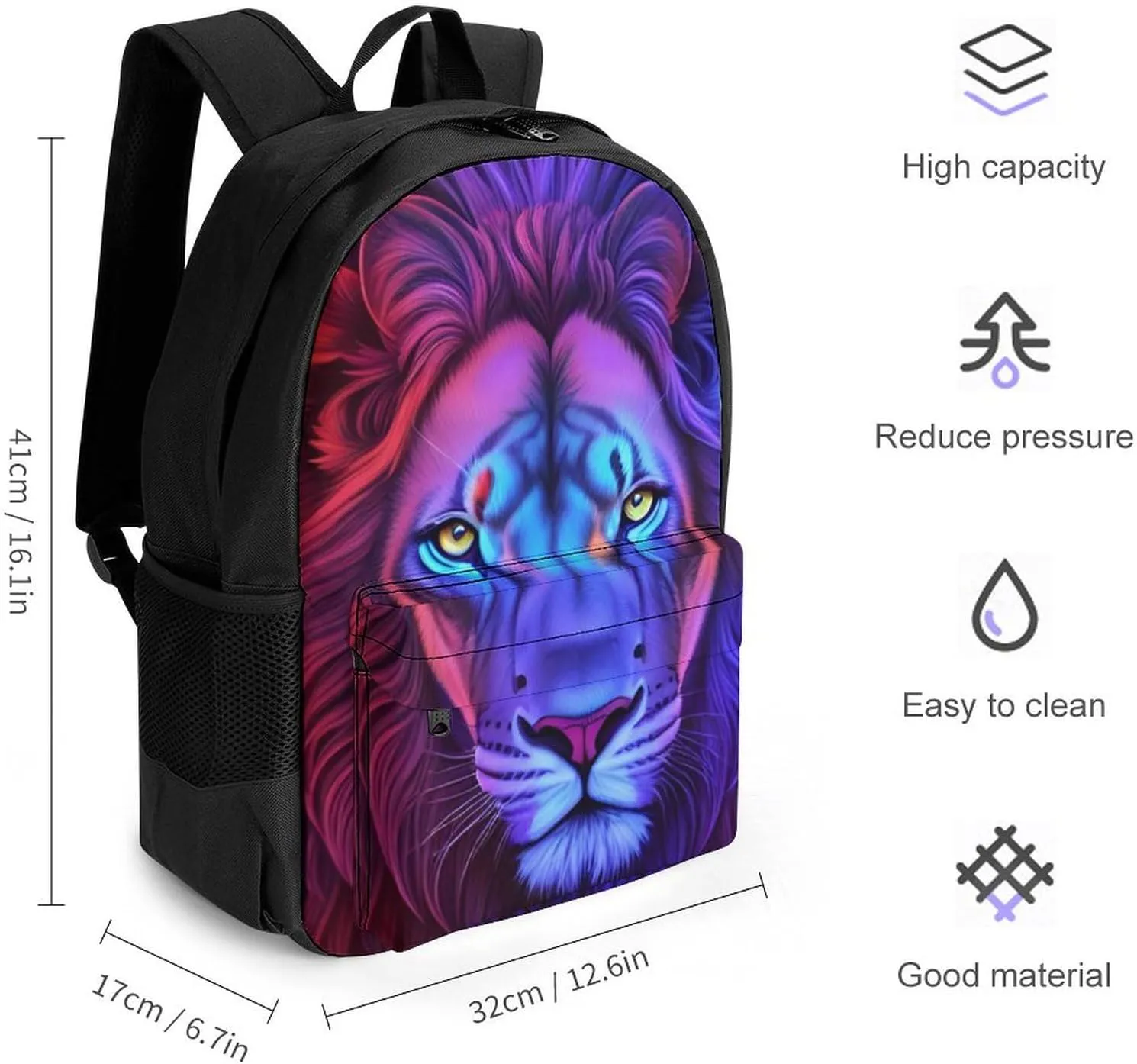 Polyester Daypack Bookbag for Gym Business Bicycle - Large Capacity Multipurpose Anti-Theft Carry On Bag, Psychedelic Lion Art Travel Hiking Daypack