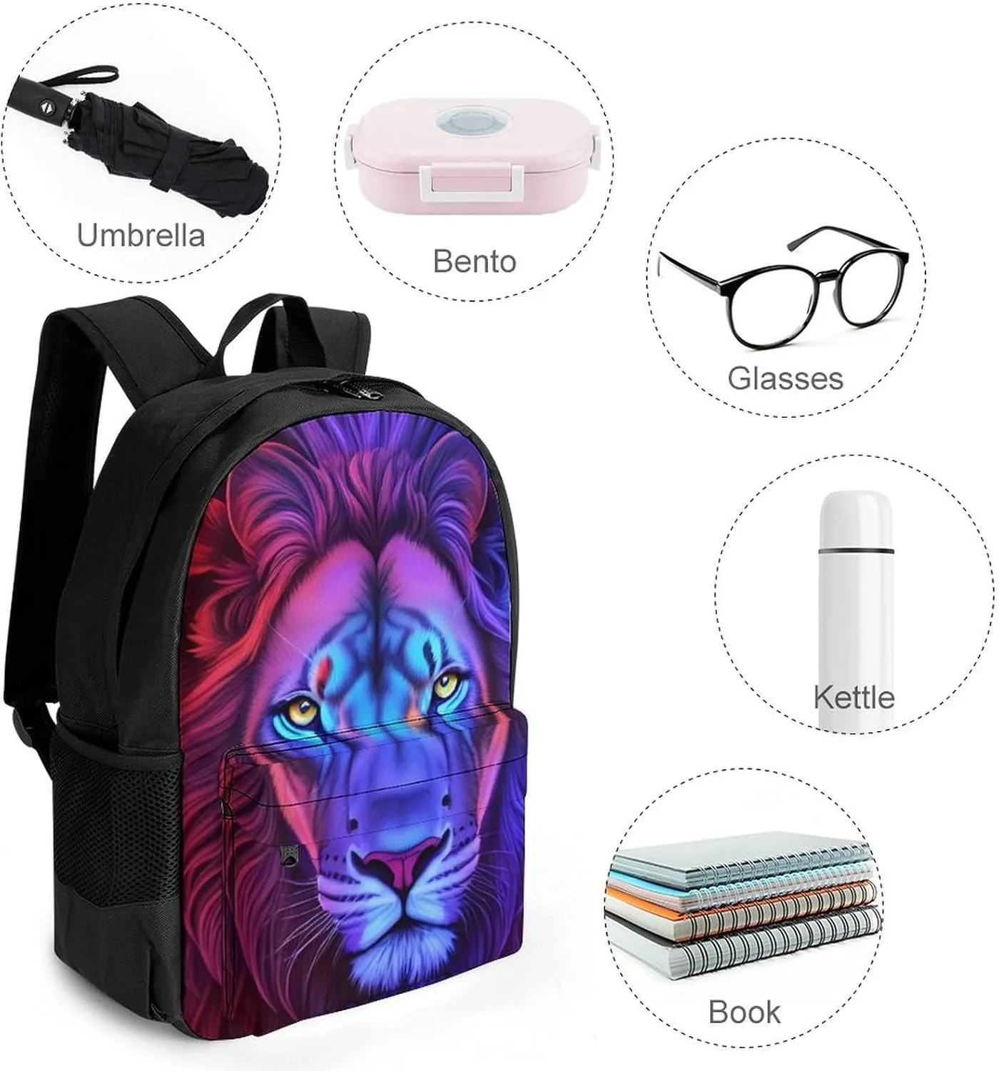 Polyester Daypack Bookbag for Gym Business Bicycle - Large Capacity Multipurpose Anti-Theft Carry On Bag, Psychedelic Lion Art Travel Hiking Daypack