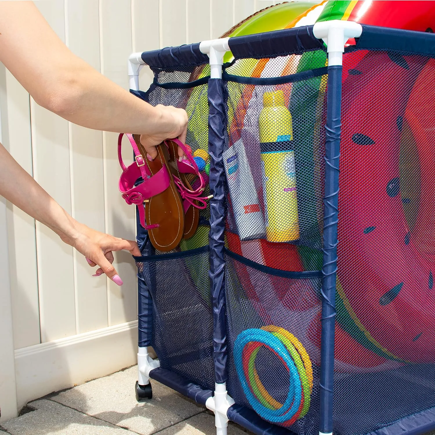 Pool Noodles Holder, Toys, Floats, Balls and Floats Equipment Mesh Rolling Storage Organizer Bin, Extra Large (30.2" L x 47.2" W x 34" H), Blue/White