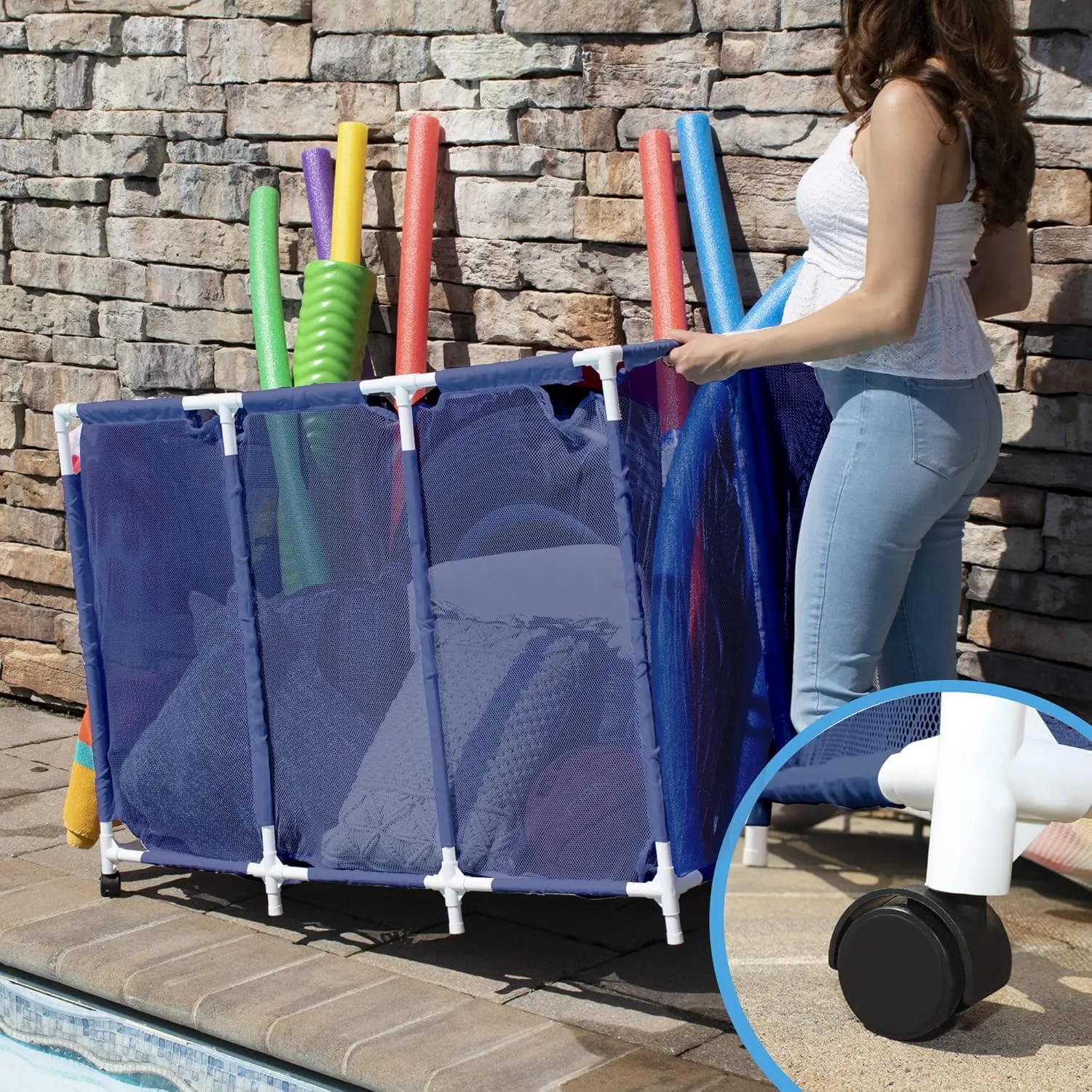 Pool Noodles Holder, Toys, Floats, Balls and Floats Equipment Mesh Rolling Storage Organizer Bin, Extra Large (30.2" L x 47.2" W x 34" H), Blue/White