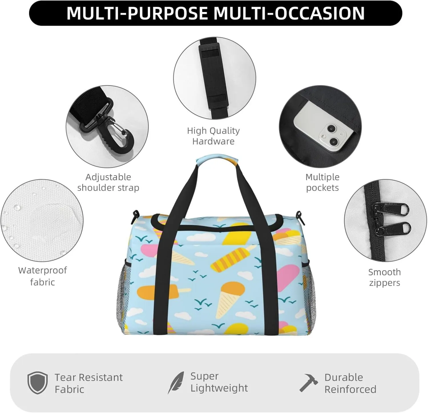 Popsicle Ice Cream Clouds Travel Duffel Bag Large Foldable Waterproof Overnight Bag For Beach Swim Bags Pool Sports Gym