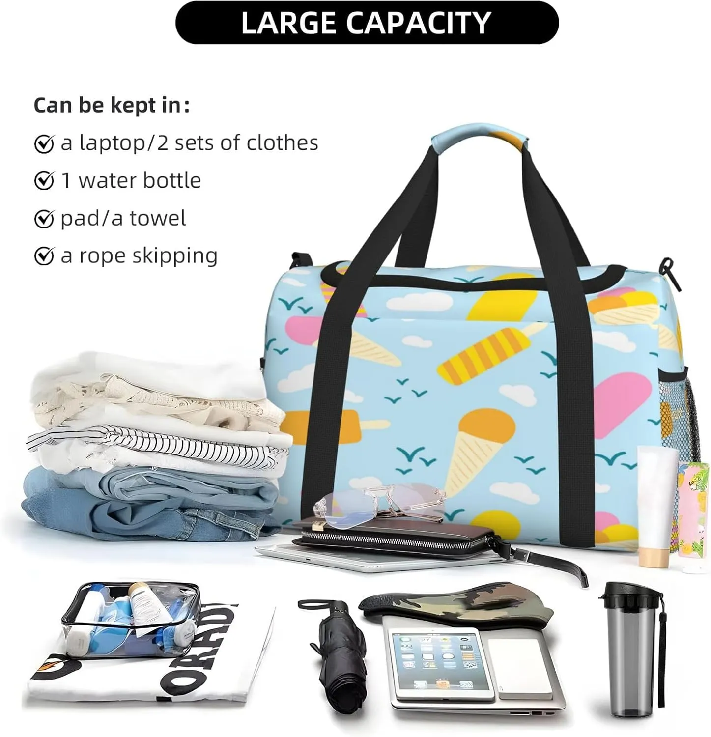 Popsicle Ice Cream Clouds Travel Duffel Bag Large Foldable Waterproof Overnight Bag For Beach Swim Bags Pool Sports Gym