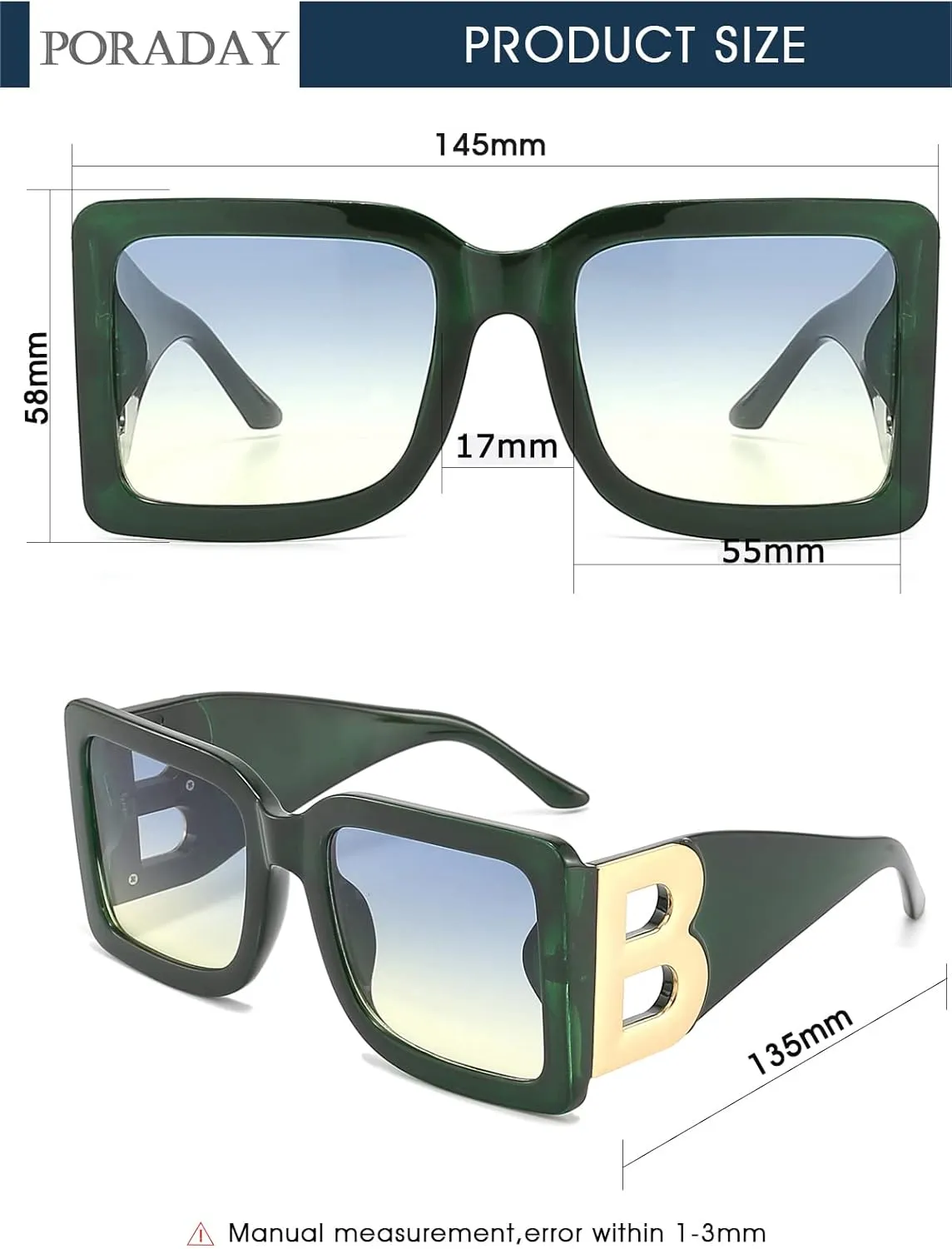 PORADAY Fashion Large Square Sunglasses for Women Men Trendy Black Thick Frame Luxury Designer Sun Glasses Modern Big Frame