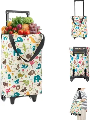 Portable Shopping cart Foldable with Wheels,Folding Shopping Cart Tote Bag Trolley Grocery Carts for Outdoors Reusable Grocery Bags Travel Bag (Beige)