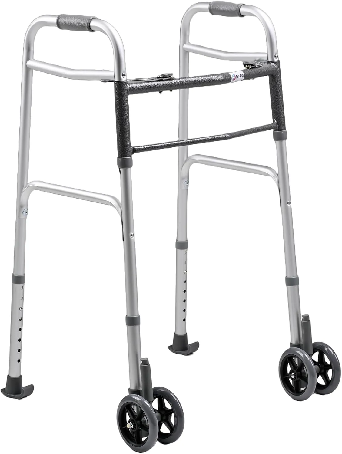 Premium Folding Walker with Wheels, 5" Auto Brake Double Front Wheel Walker, Lightweight Walkers for Seniors, Durable Aluminum Frame, Adjustable Height, Supports Up to 400lbs, Aluminum Gray