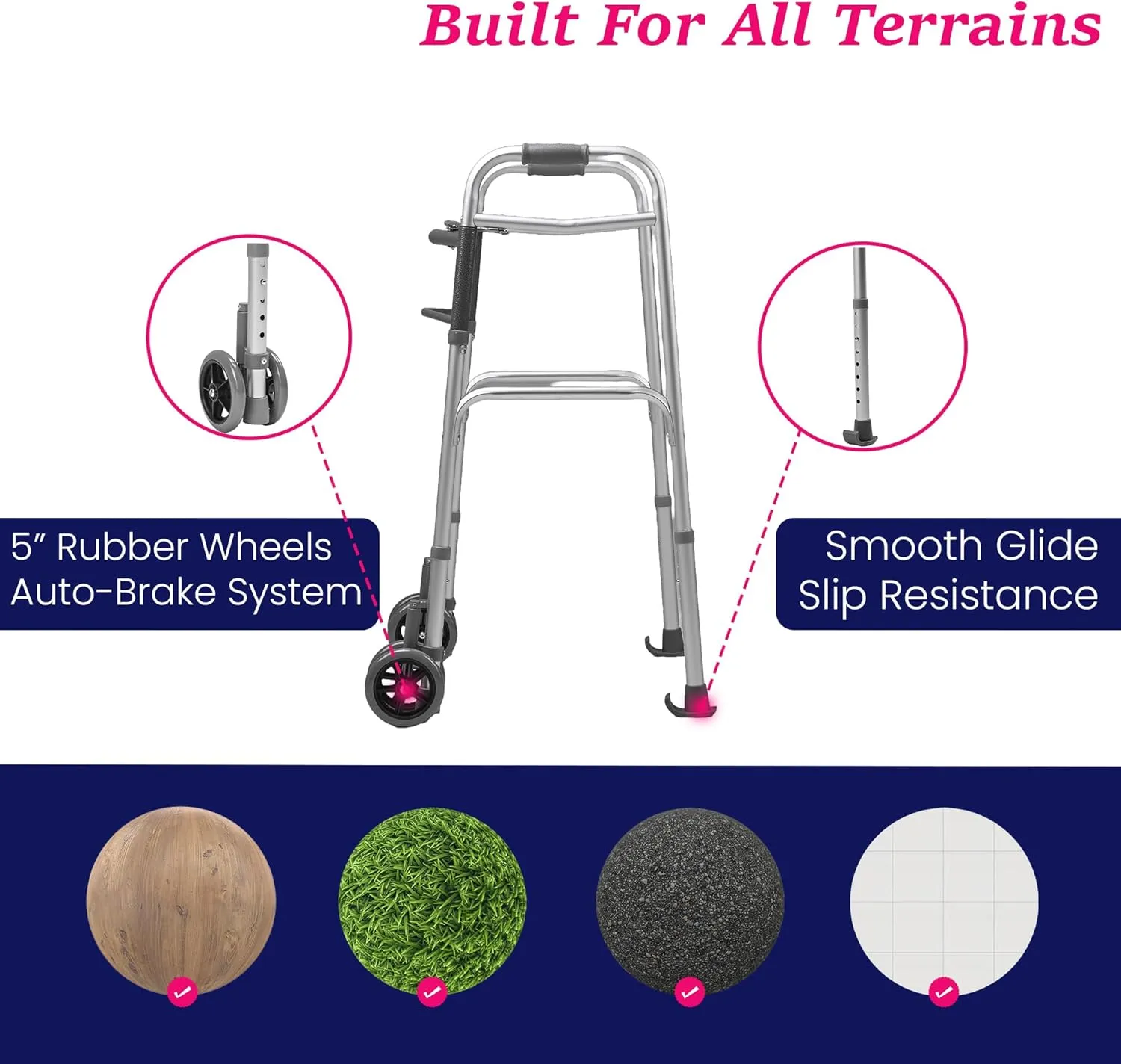 Premium Folding Walker with Wheels, 5" Auto Brake Double Front Wheel Walker, Lightweight Walkers for Seniors, Durable Aluminum Frame, Adjustable Height, Supports Up to 400lbs, Aluminum Gray