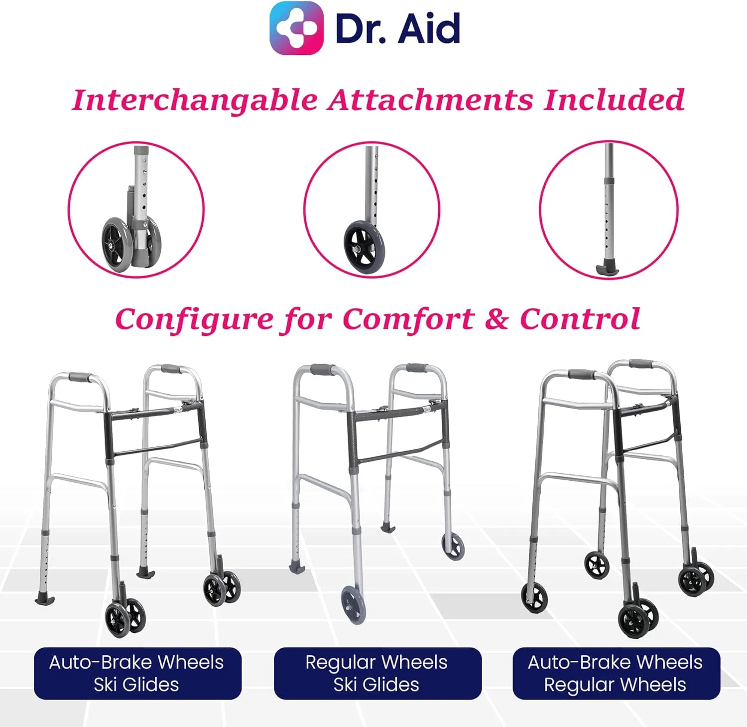 Premium Folding Walker with Wheels, 5" Auto Brake Double Front Wheel Walker, Lightweight Walkers for Seniors, Durable Aluminum Frame, Adjustable Height, Supports Up to 400lbs, Aluminum Gray