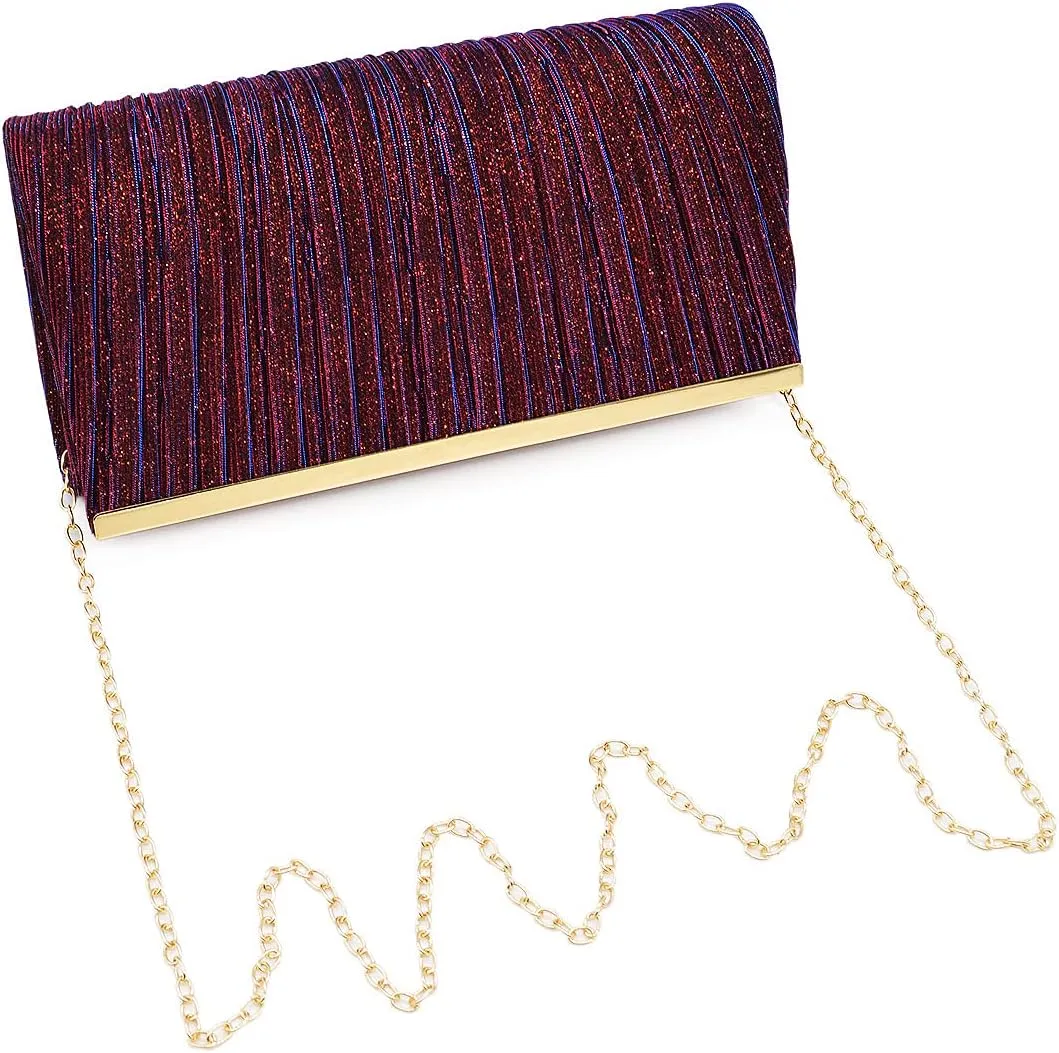 Premium Pleated Metallic Glitter Mesh Clutch Evening Bag Handbag