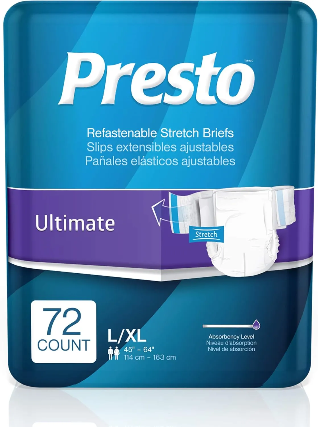 Presto Ultimate Absorbency Stretchable Incontinence Diapers/Briefs for Women and Men - Adult Diapers, Disposable, Large/X-Large - 72 ct (4 Bags of 18)