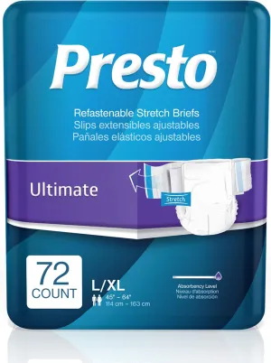 Presto Ultimate Absorbency Stretchable Incontinence Diapers/Briefs for Women and Men - Adult Diapers, Disposable, Large/X-Large - 72 ct (4 Bags of 18)