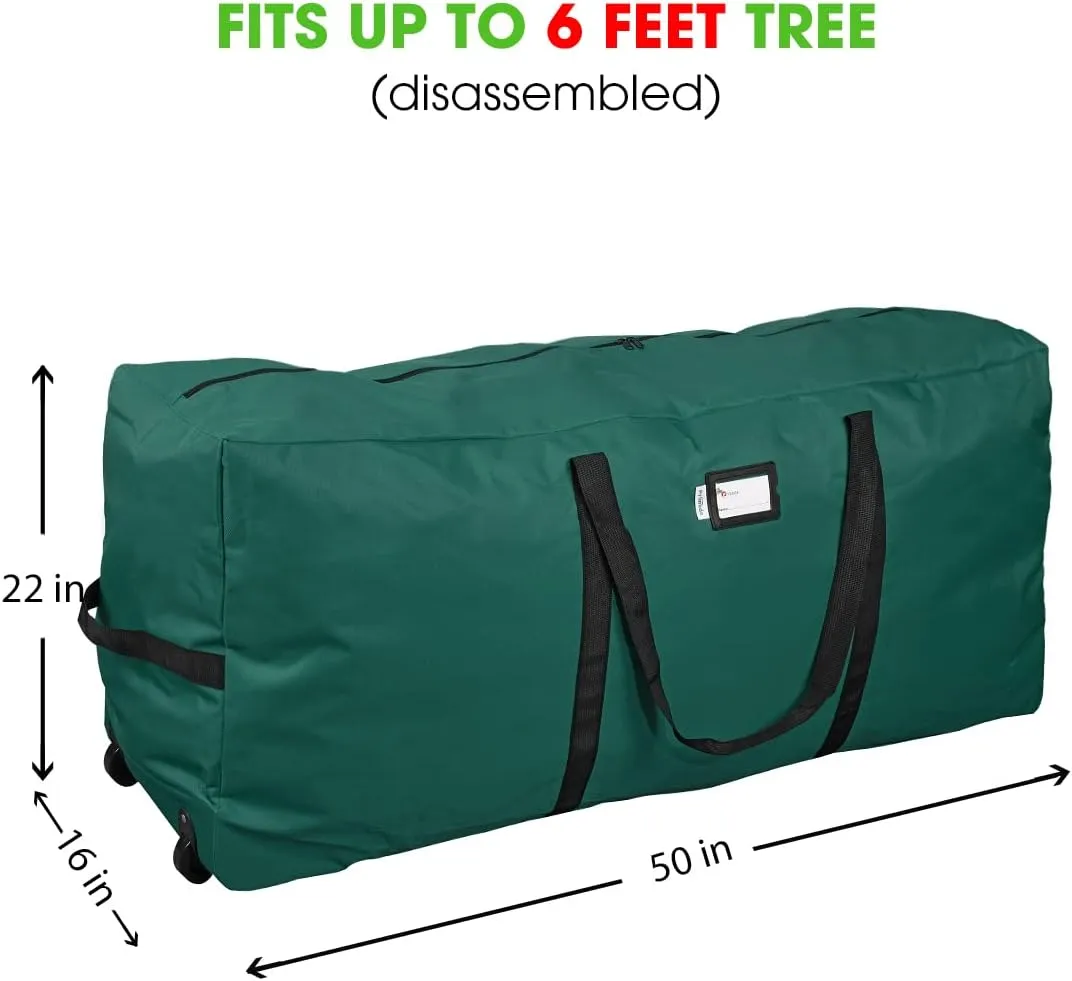Primode Xmas Rolling Tree Storage Bag, Large Heavy Duty Storage Container, 22" Height X 16" Wide X 50" Long with 2 Wheels and Handles Fits Up to 6 Foot Tall Disassembled Holiday Tree (Green)