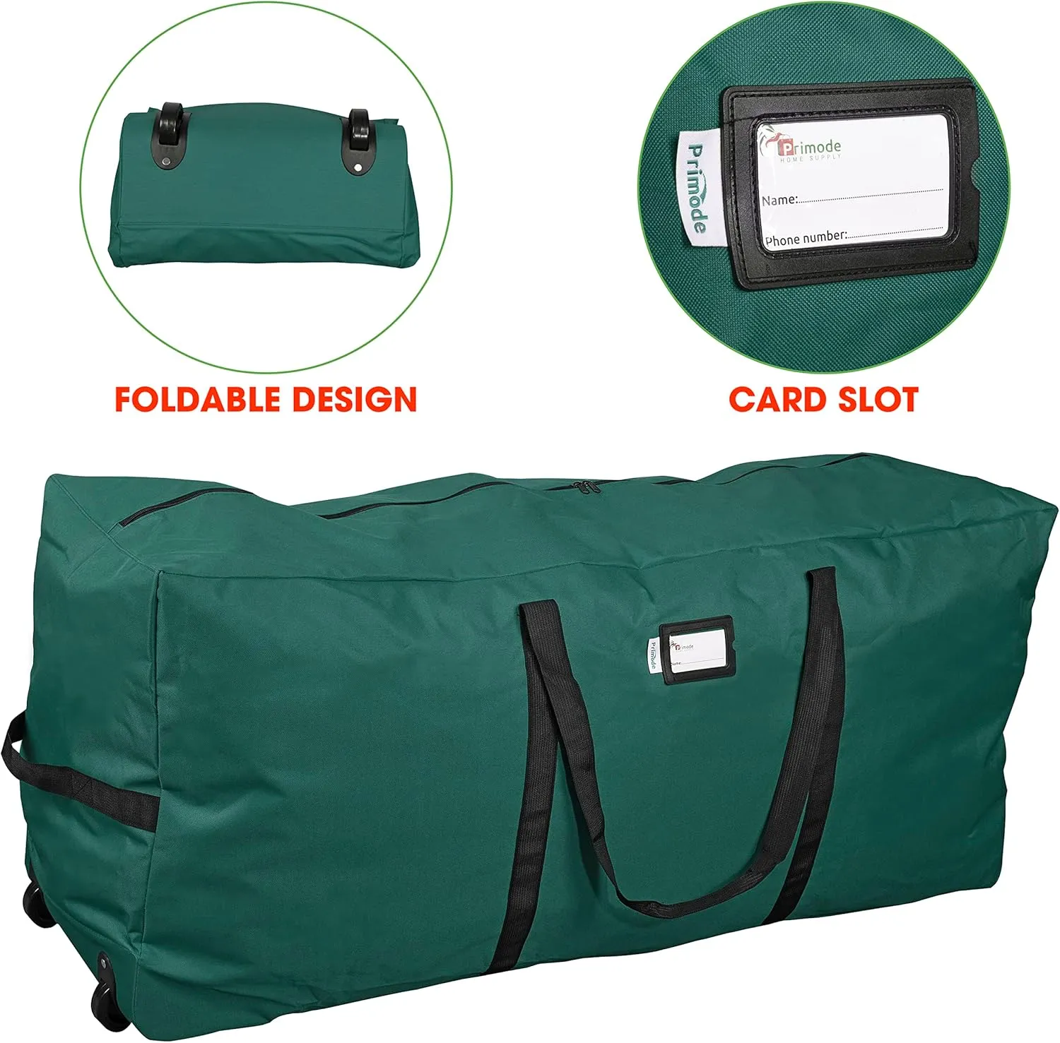 Primode Xmas Rolling Tree Storage Bag, Large Heavy Duty Storage Container, 22" Height X 16" Wide X 50" Long with 2 Wheels and Handles Fits Up to 6 Foot Tall Disassembled Holiday Tree (Green)