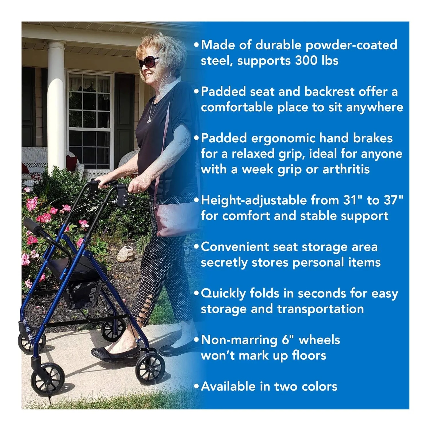 ProBasics Medical Rolling Walker with Wheels - 4 Wheel Walker with Seat, Backrest and Storage Pouch - Rollator Walker for Seniors - Durable Steel Frame Supports up to 300 lbs, 6-inch Wheels, Blue