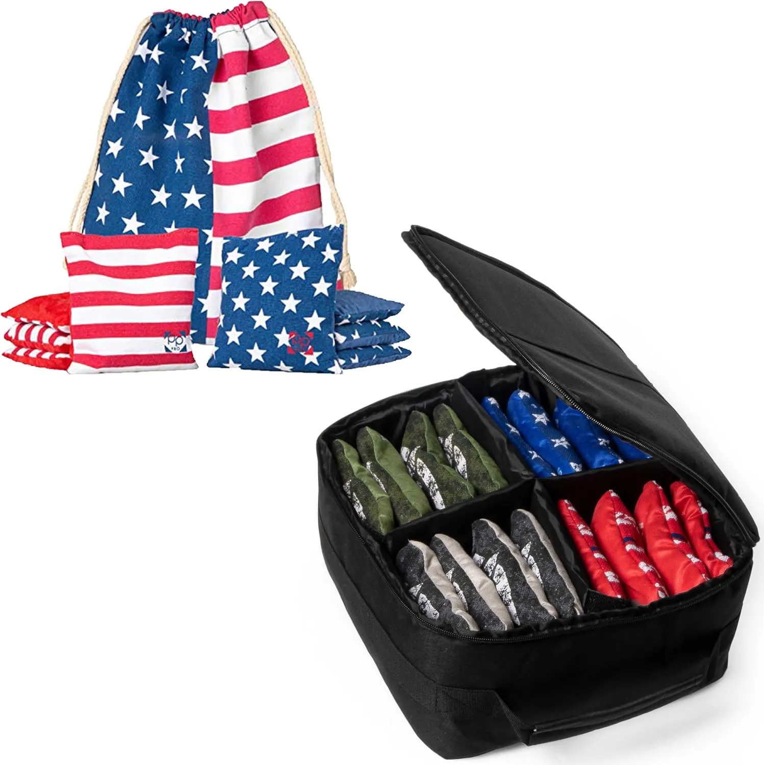 Professional Cornhole Bags - Set of 8 Regulation All Weather Double Sided & Corn Hole Carry Case