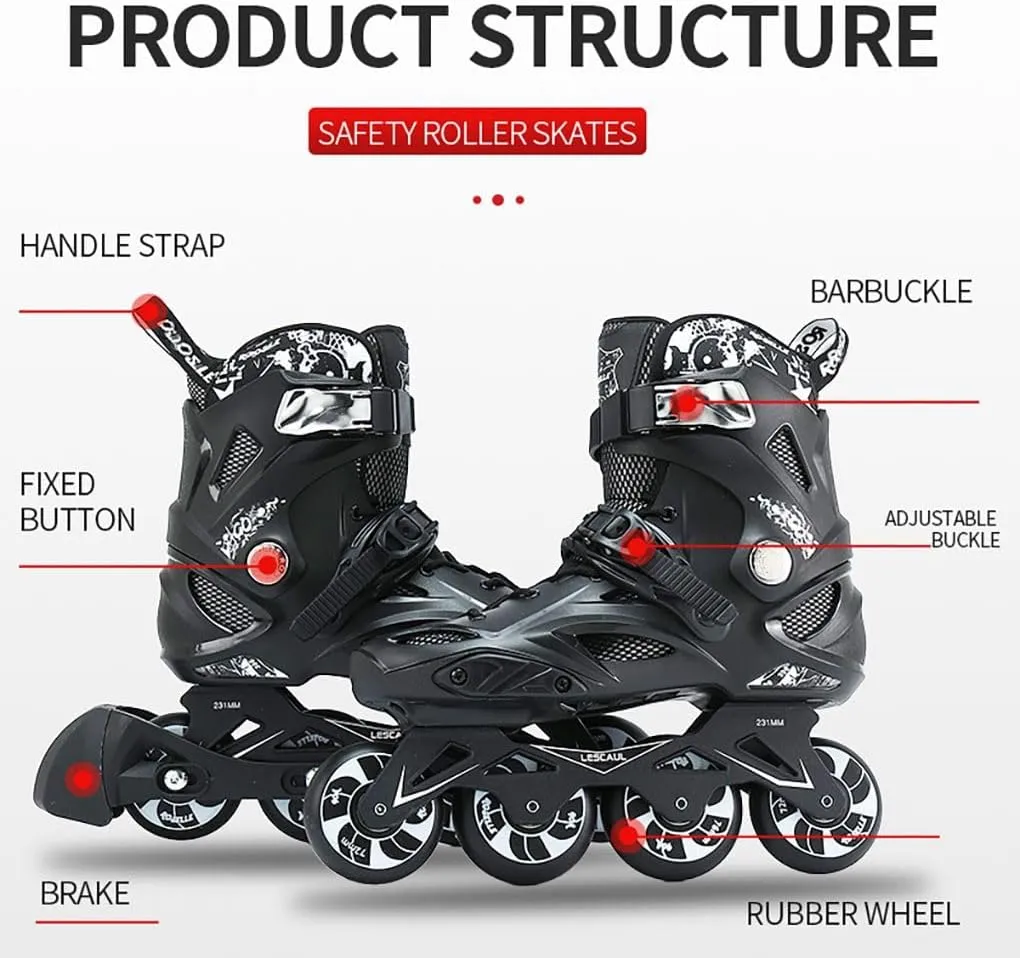 Professional Inline Skates - Unisex Fitness Roller Skates for Adults & Kids, Adjustable Size 4-12, Premium Wheels, Durable Construction, Enhanced Safety (Black)
