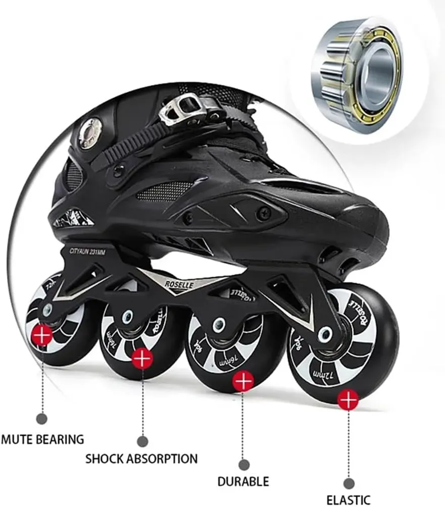 Professional Inline Skates - Unisex Fitness Roller Skates for Adults & Kids, Adjustable Size 4-12, Premium Wheels, Durable Construction, Enhanced Safety (Black)