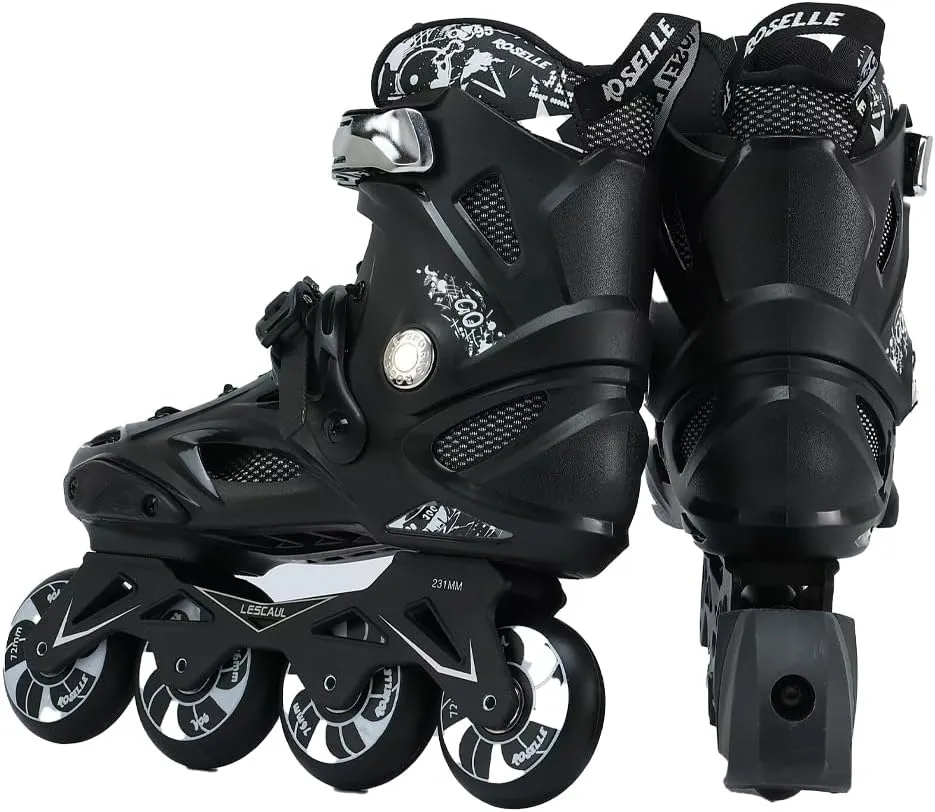 Professional Inline Skates - Unisex Fitness Roller Skates for Adults & Kids, Adjustable Size 4-12, Premium Wheels, Durable Construction, Enhanced Safety (Black)