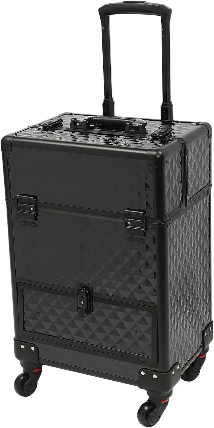 Professional Rolling Makeup Train Case Cosmetic Trolley Makeup Storage Organizer Large Capacity Trolley Case Makeup Lockable Salon Barber Travel Case with Wheels (Black)