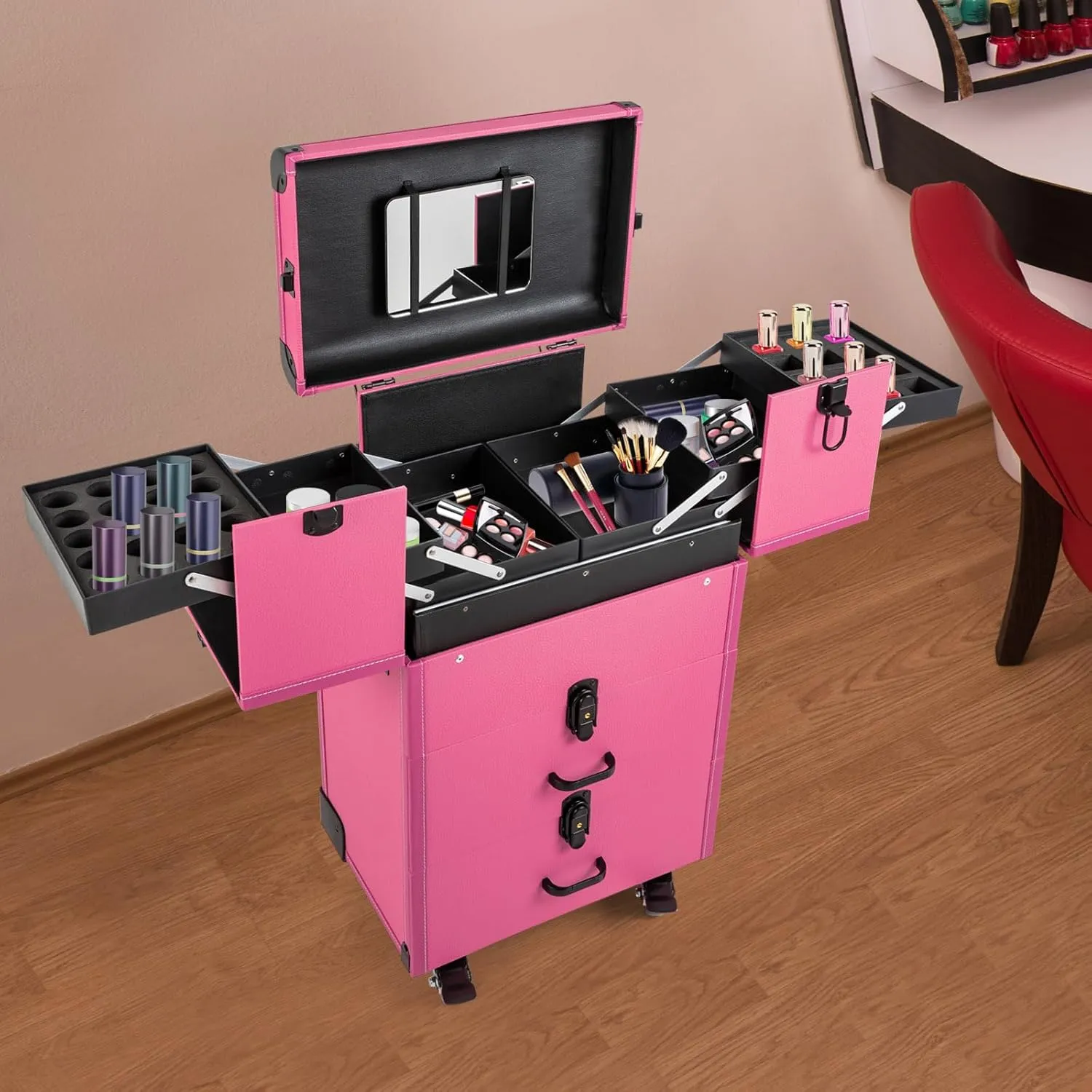 Professional Rolling Makeup Train Case Lockable Portable Cosmetic Organizer Trolley, Multifunction Cosmetology Case on Wheels, Nail Travel Case for Nail Tech Rose