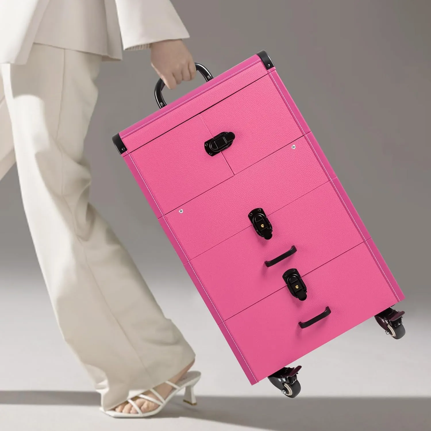 Professional Rolling Makeup Train Case Lockable Portable Cosmetic Organizer Trolley, Multifunction Cosmetology Case on Wheels, Nail Travel Case for Nail Tech Rose