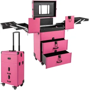 Professional Rolling Makeup Train Case Lockable Portable Cosmetic Organizer Trolley, Multifunction Cosmetology Case on Wheels, Nail Travel Case for Nail Tech Rose