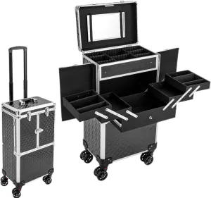Professional Rolling Makeup Train Case Multi-functional Cosmetic Trolley Large Storage Traveling Cosmetology Case on Wheels Nail Tech Travel Case for Cosmetologist Hairstylist Barber, Black