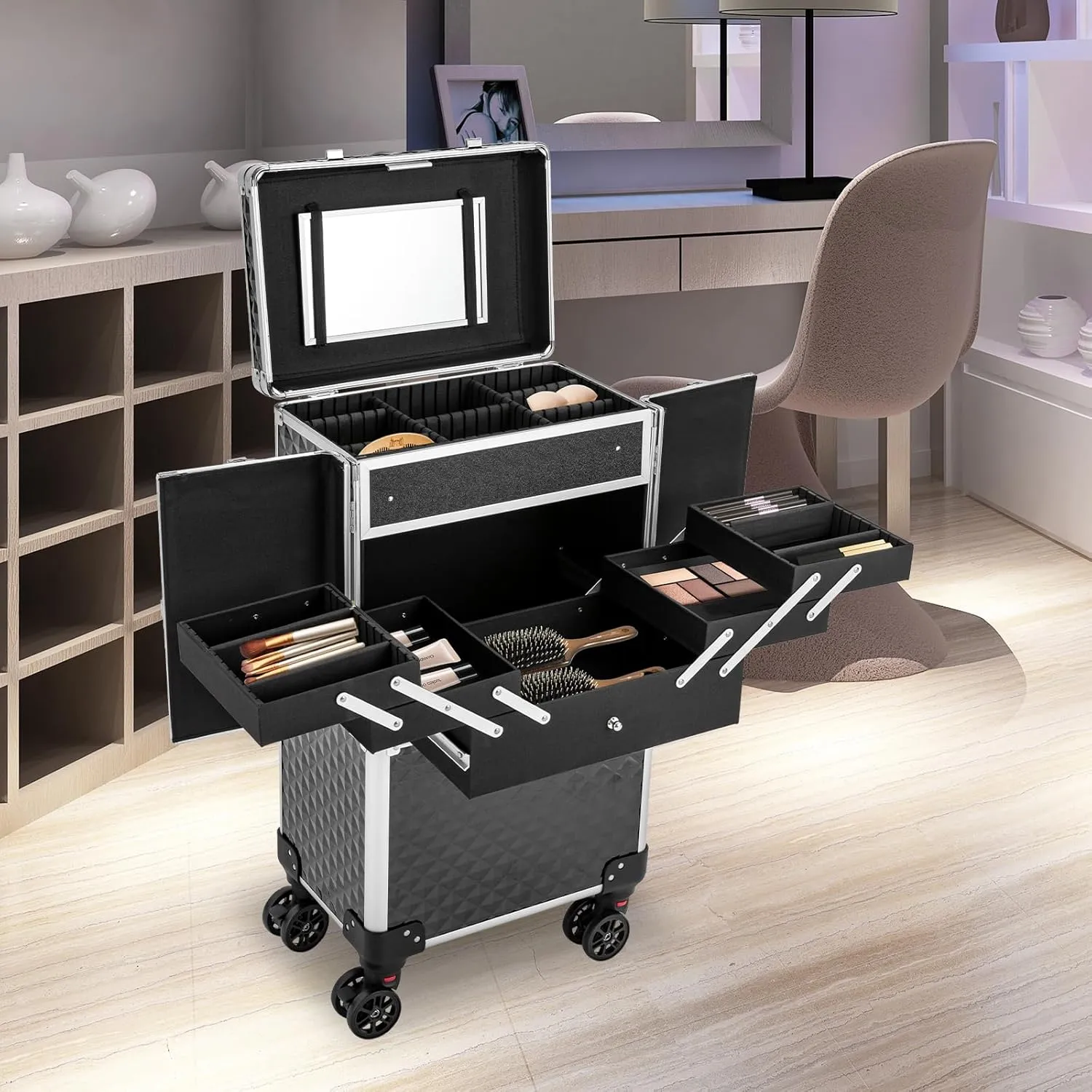 Professional Rolling Makeup Train Case Multi-functional Cosmetic Trolley Large Storage Traveling Cosmetology Case on Wheels Nail Tech Travel Case for Cosmetologist Hairstylist Barber, Black
