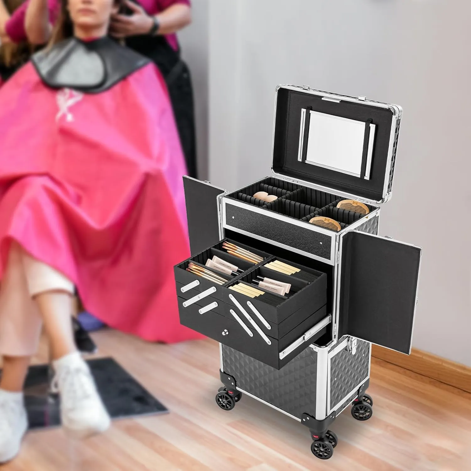 Professional Rolling Makeup Train Case Multi-functional Cosmetic Trolley Large Storage Traveling Cosmetology Case on Wheels Nail Tech Travel Case for Cosmetologist Hairstylist Barber, Black