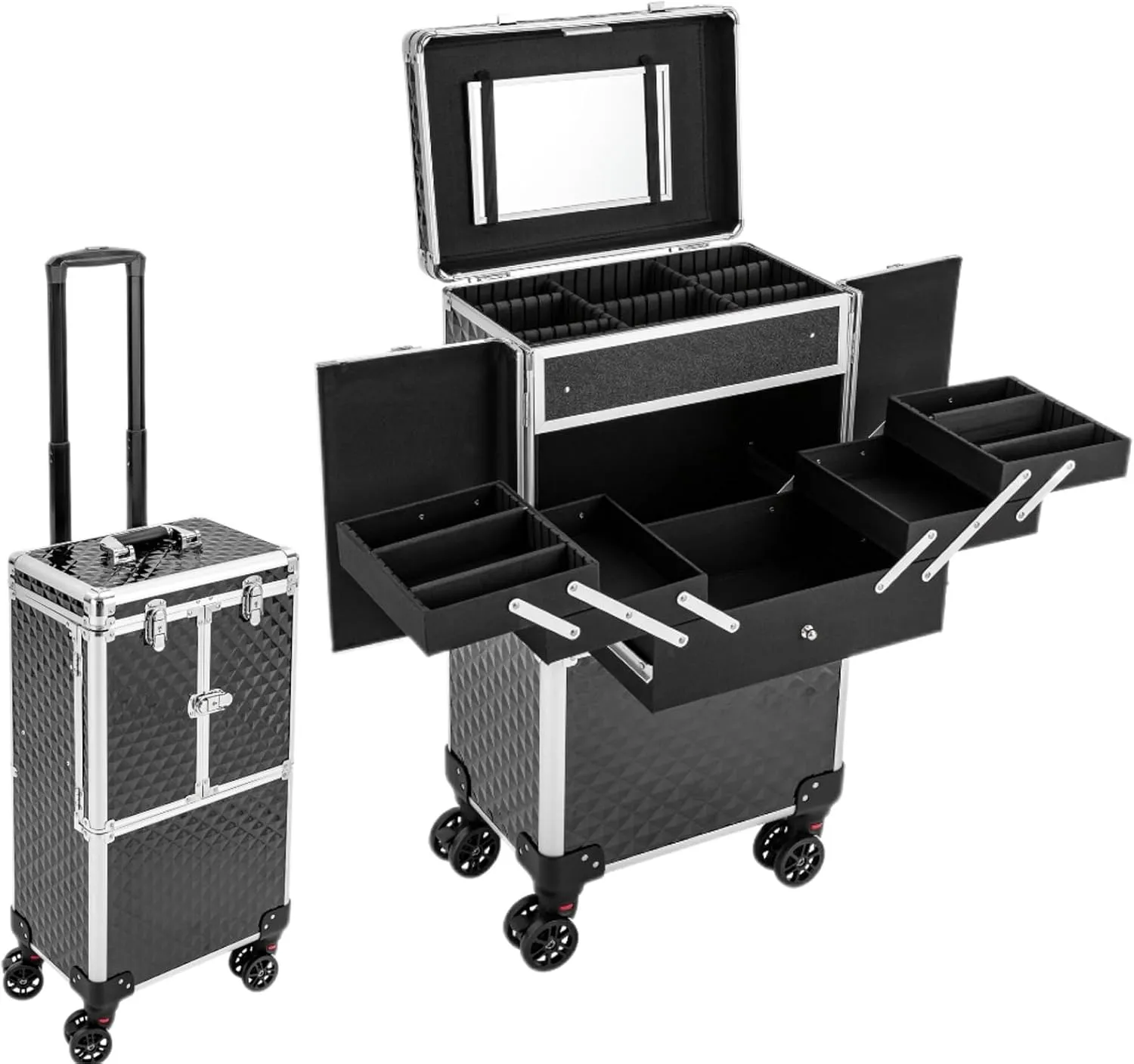 Professional Rolling Makeup Train Case Multi-functional Cosmetic Trolley Large Storage Traveling Cosmetology Case on Wheels Nail Tech Travel Case for Cosmetologist Hairstylist Barber, Black