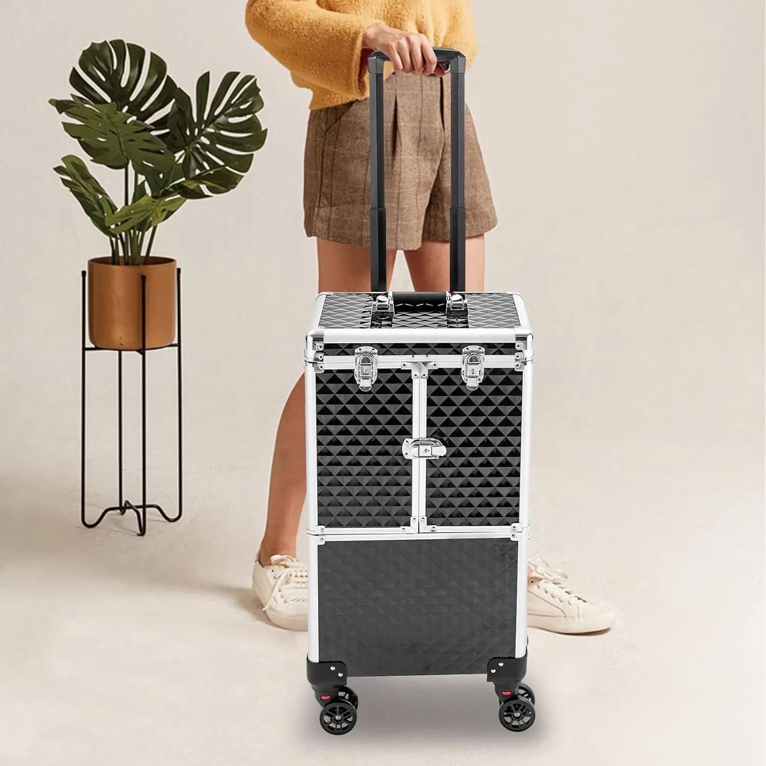 Professional Rolling Makeup Train Case Multi-functional Cosmetic Trolley Large Storage Traveling Cosmetology Case on Wheels Nail Tech Travel Case for Cosmetologist Hairstylist Barber, Black