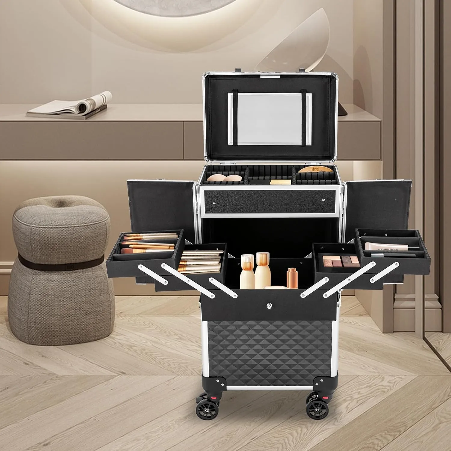 Professional Rolling Makeup Train Case Multi-functional Cosmetic Trolley Large Storage Traveling Cosmetology Case on Wheels Nail Tech Travel Case for Cosmetologist Hairstylist Barber, Black