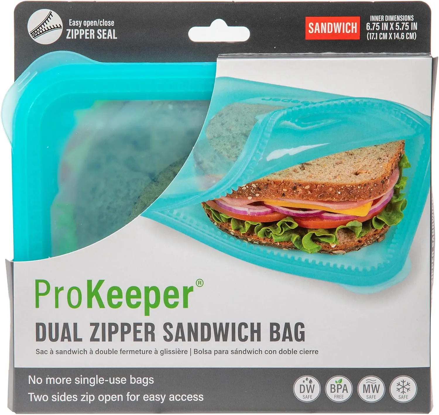 Progressive International ProKeeper Dual-Zipper 100% Silicone Sandwich Bag, Teal (Pack of 2)