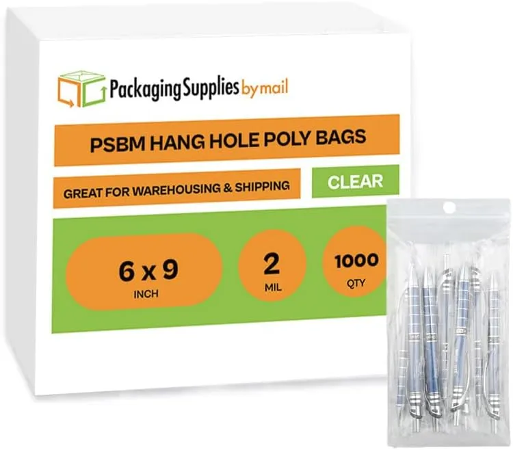 PSBM Clear Hang Hole Poly Bag, Reclosable Plastic Bags, 6 x 9 Inch, 2 Mil, 1000 Pack