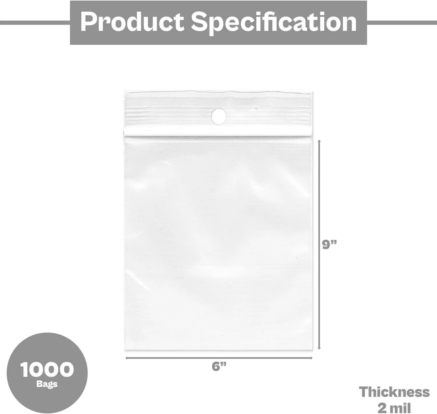 PSBM Clear Hang Hole Poly Bag, Reclosable Plastic Bags, 6 x 9 Inch, 2 Mil, 1000 Pack