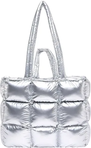 Puffer Tote Bag for Women, Quilted Puffy Handbag, Quilted Shoulder Bag Fluffy Satchel Purse for Work Travel Shopping