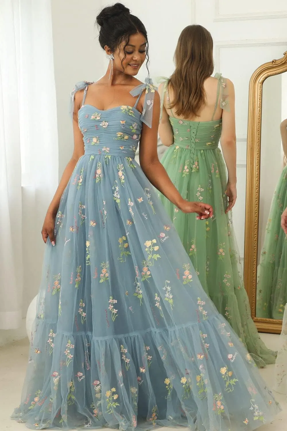 Puffy Sleeve Fairy Prom Dresses 2025 Flower Embroidery Tulles Formal Party Gowns Flower Ball Gown for Women RO011