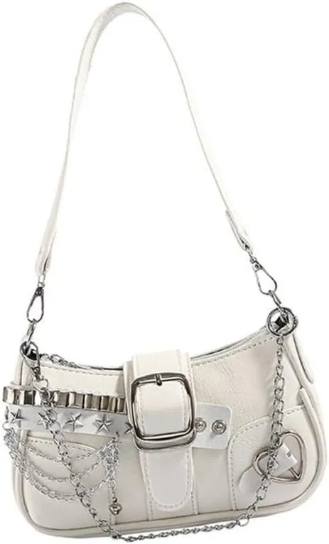 Punk Underarm Bag with Metal Chain for Women Grunge Star Rivets PU Leather Handbag Armpit Purse Single Shoulder Bag