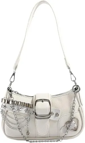 Punk Underarm Bag with Metal Chain for Women Grunge Star Rivets PU Leather Handbag Armpit Purse Single Shoulder Bag