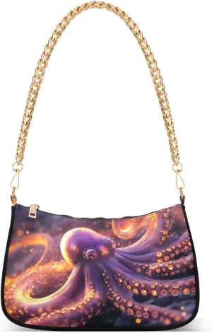 Purple Big Octopus Shoulder Handbags for Women Travel Hobo Tote Handbag Women Gold Chain Shoulder Bags Purse with Zipper Closure