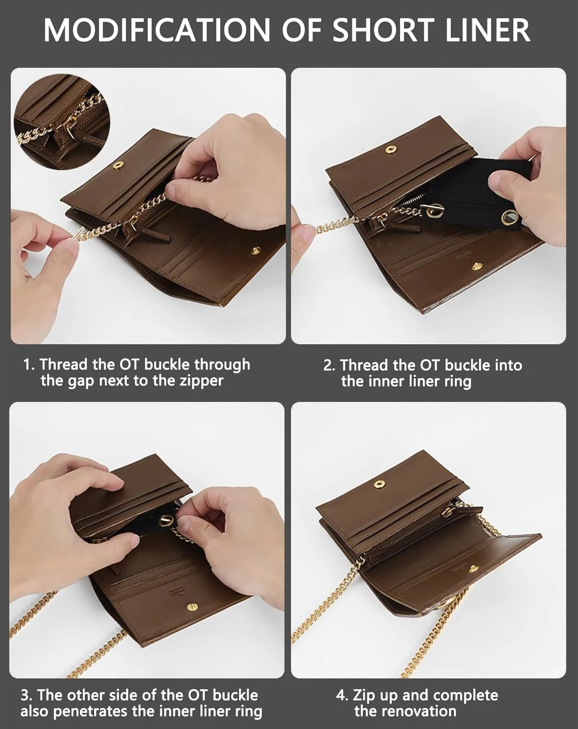 Purse Conversion Kit with Premium Felt Insert & 120cm Alloy Chain - Convert Your Wallet into Crossbody Bag