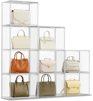 Purse Organizer for Closet, Clear Acrylic Display Case for Handbag Organizer, Stackable Purse Storage Box with Magnetic Door, Plastic Holder Containers for Book, Collectibles, Cosmetic 9 Pack