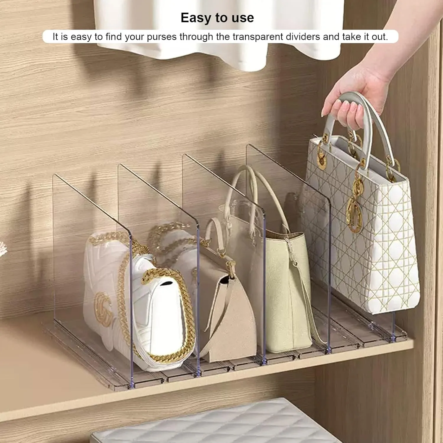 Purse Organizer for Closet, Clear Acrylic Shelf Dividers Adjustable Purse Storage Rack for Closet Handbag & Gift Bag Storage Organizer