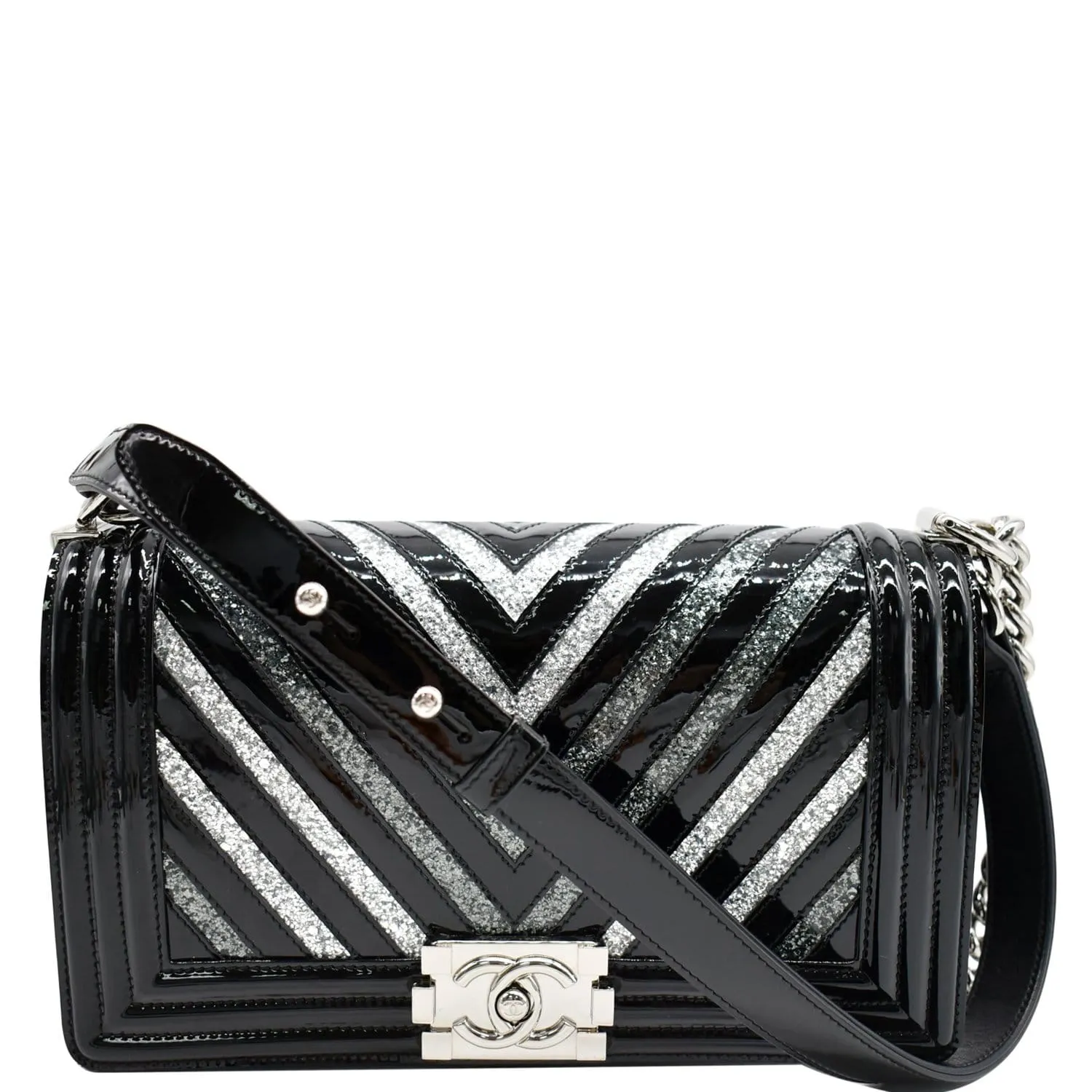PVC Black Shoulder Medium Chevron VIP offer Bag Glitter CHANEL Boy Global reach Patent