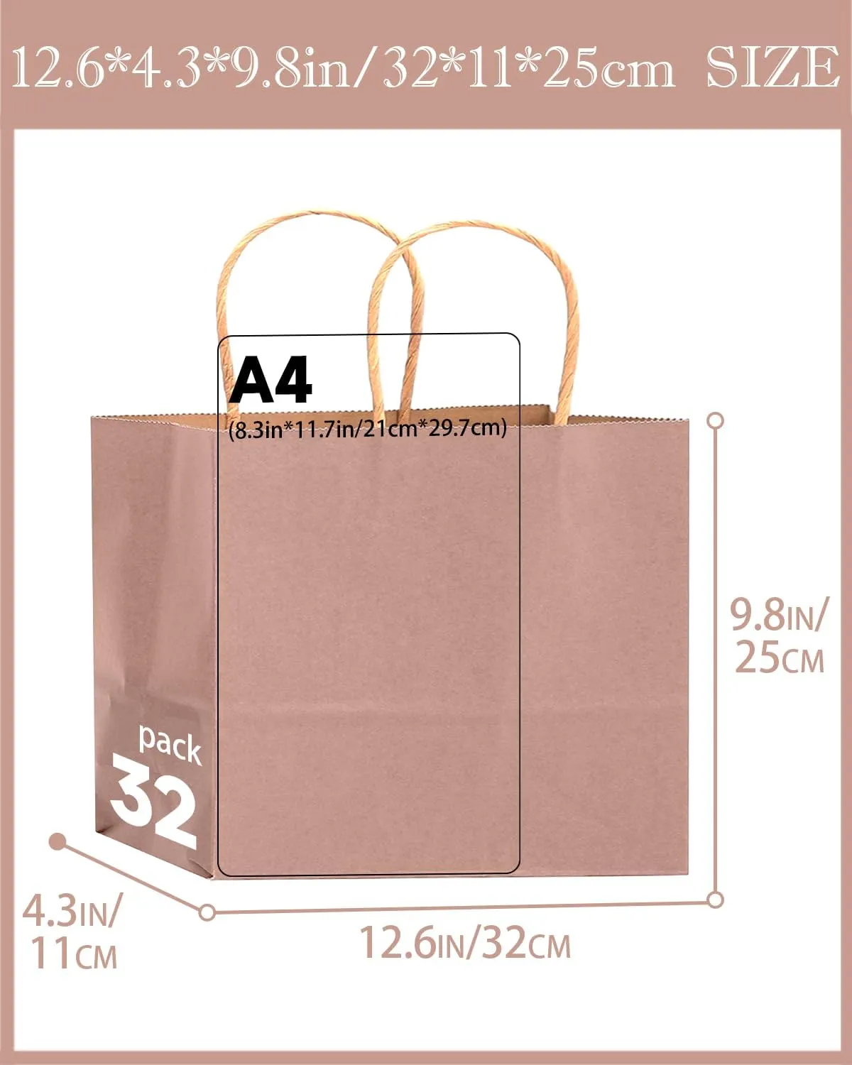 qiqee 13"x4.5"x10" Large Gift Bag with Handles Bulk 32PCS Gift Paper Bags Salmon Bags Multiple Uses (Wide Large)