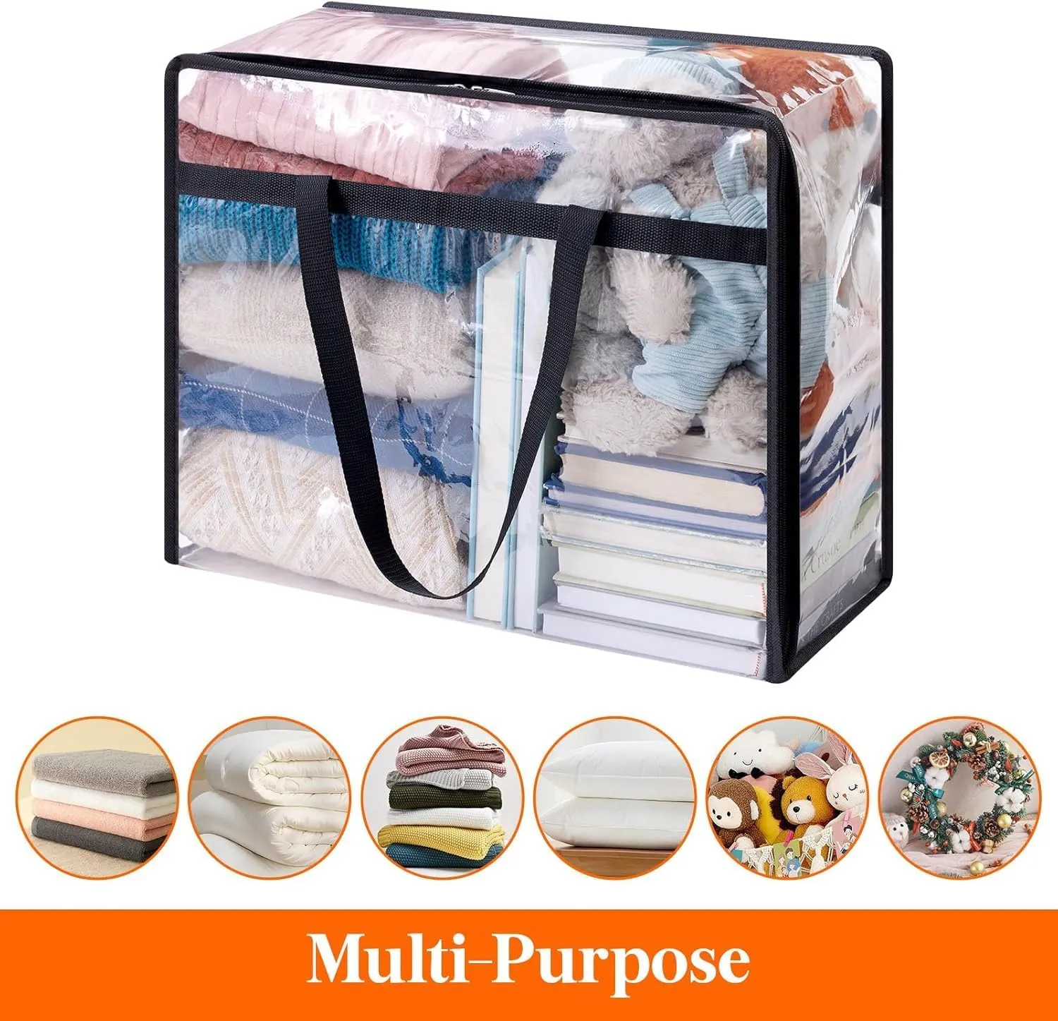 quail 90L Clear Large Storage Bag, Clothes Storage Containers for Organizing Closet, Bedroom, Underbed, Comforters, Clothing, Blankets, Pillow, Foldable Organizer with Sturdy Handle and Zippers (3)