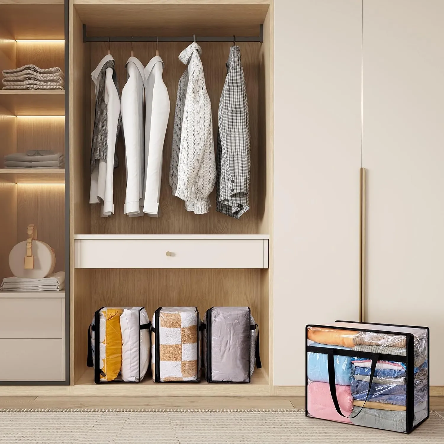 quail 90L Clear Large Storage Bag, Clothes Storage Containers for Organizing Closet, Bedroom, Underbed, Comforters, Clothing, Blankets, Pillow, Foldable Organizer with Sturdy Handle and Zippers (3)
